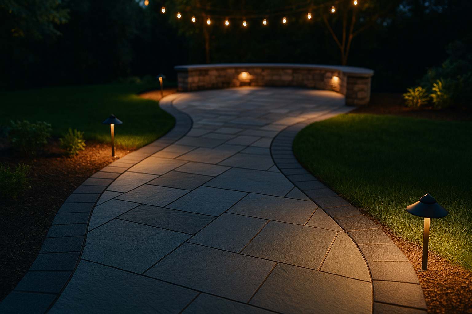 Curved bluestone walkway and patio in Reading, Massachusetts.