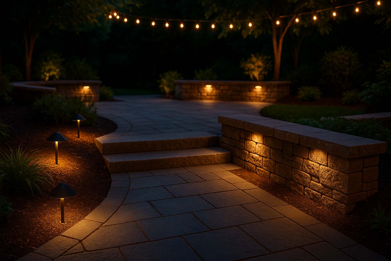 Outdoor kitchen with bluestone patio creating an elegant outdoor living space in Massachusetts.