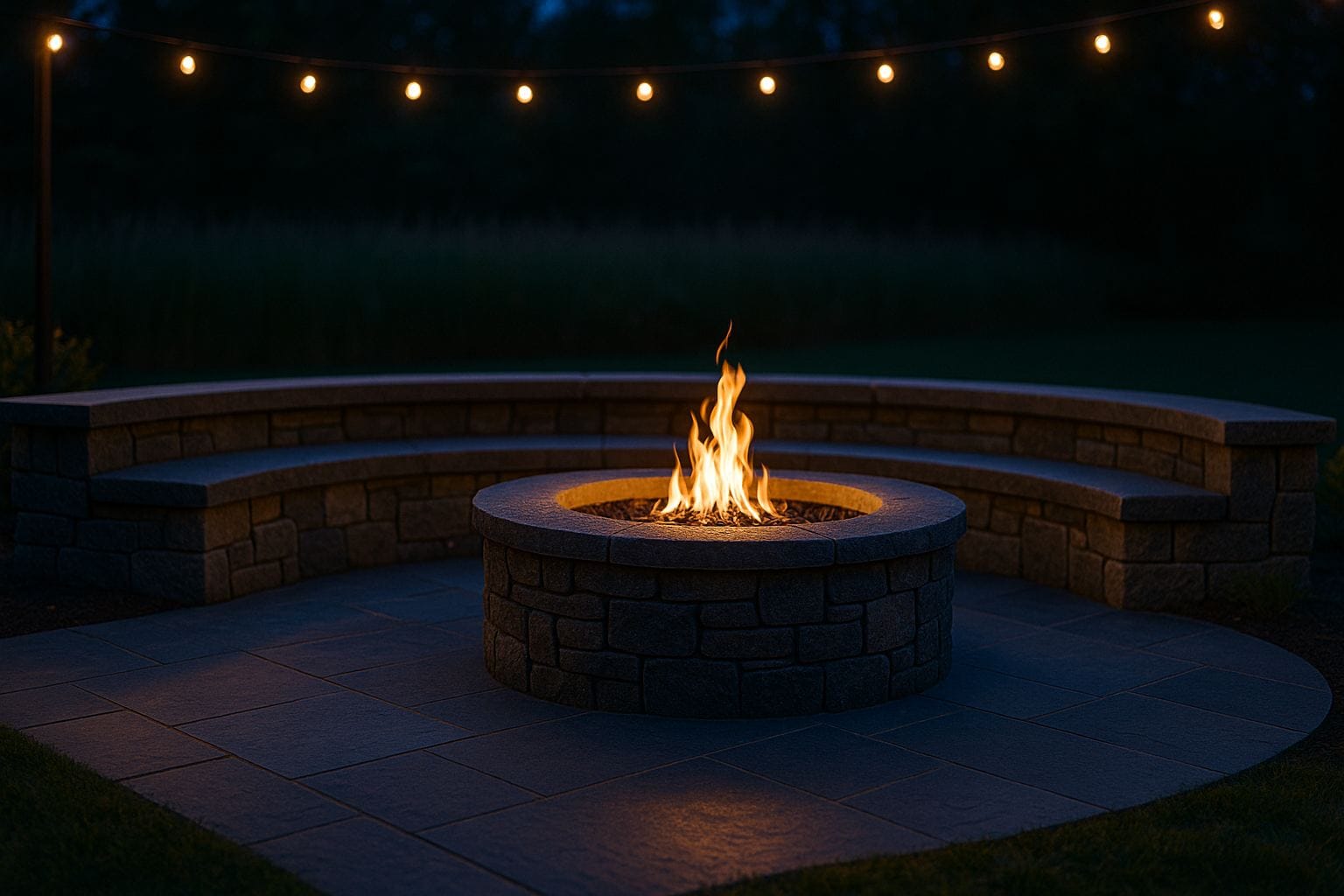 Fire pit with bluestone patio creating an inviting outdoor living space in Massachusetts.