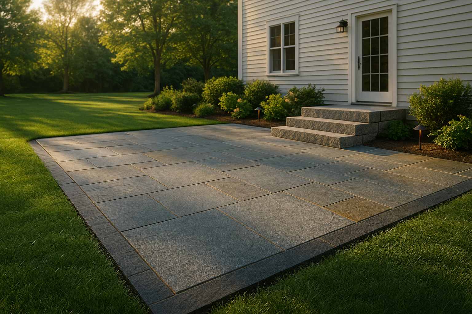 Patio drainage cutaway with 1–2% pitch and perforated pipe in washed stone.