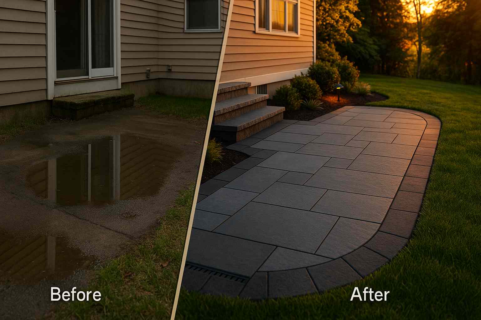 Before and after of a patio rebuild in Andover, MA from puddling surface to bluestone.