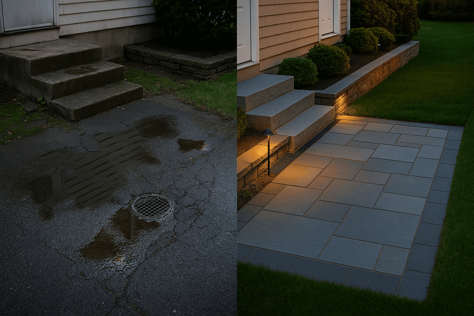 Before and after of a patio rebuild in Massachusetts showing dramatic transformation.