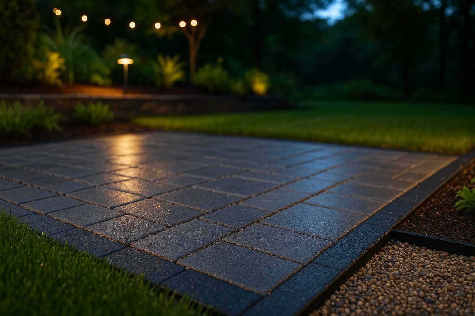 Permeable paver patio system allowing water infiltration in Massachusetts.