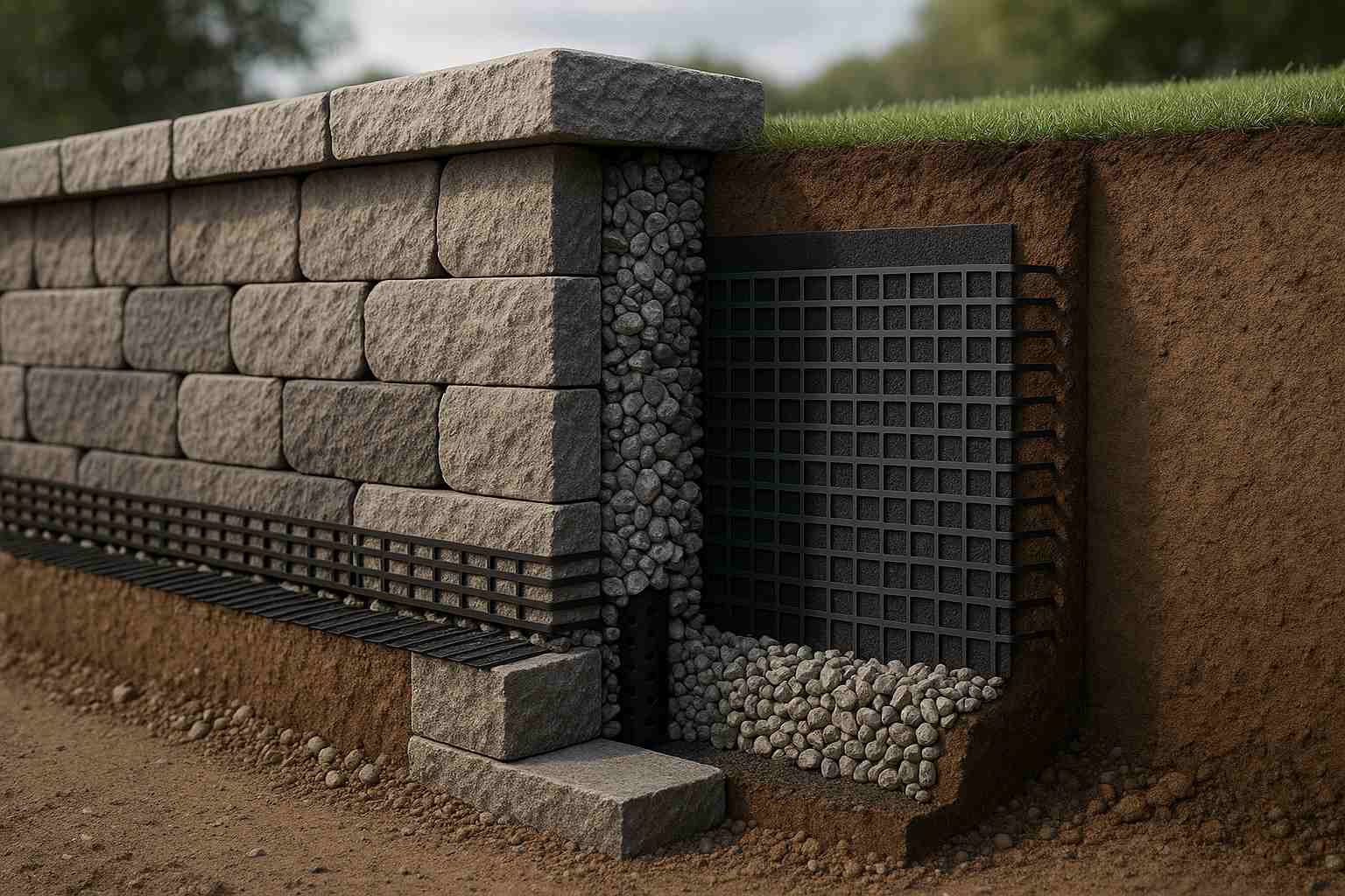 Segmental retaining wall in Massachusetts with geogrid reinforcement and drainage core.