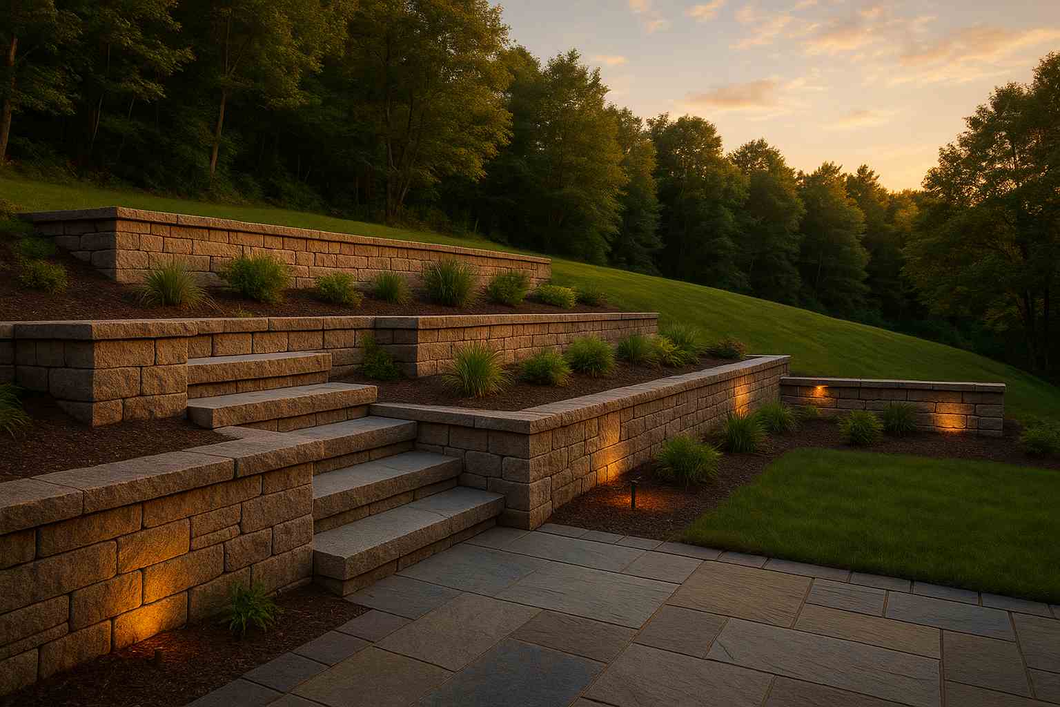 Terraced retaining walls creating usable levels in a Southern New Hampshire yard.