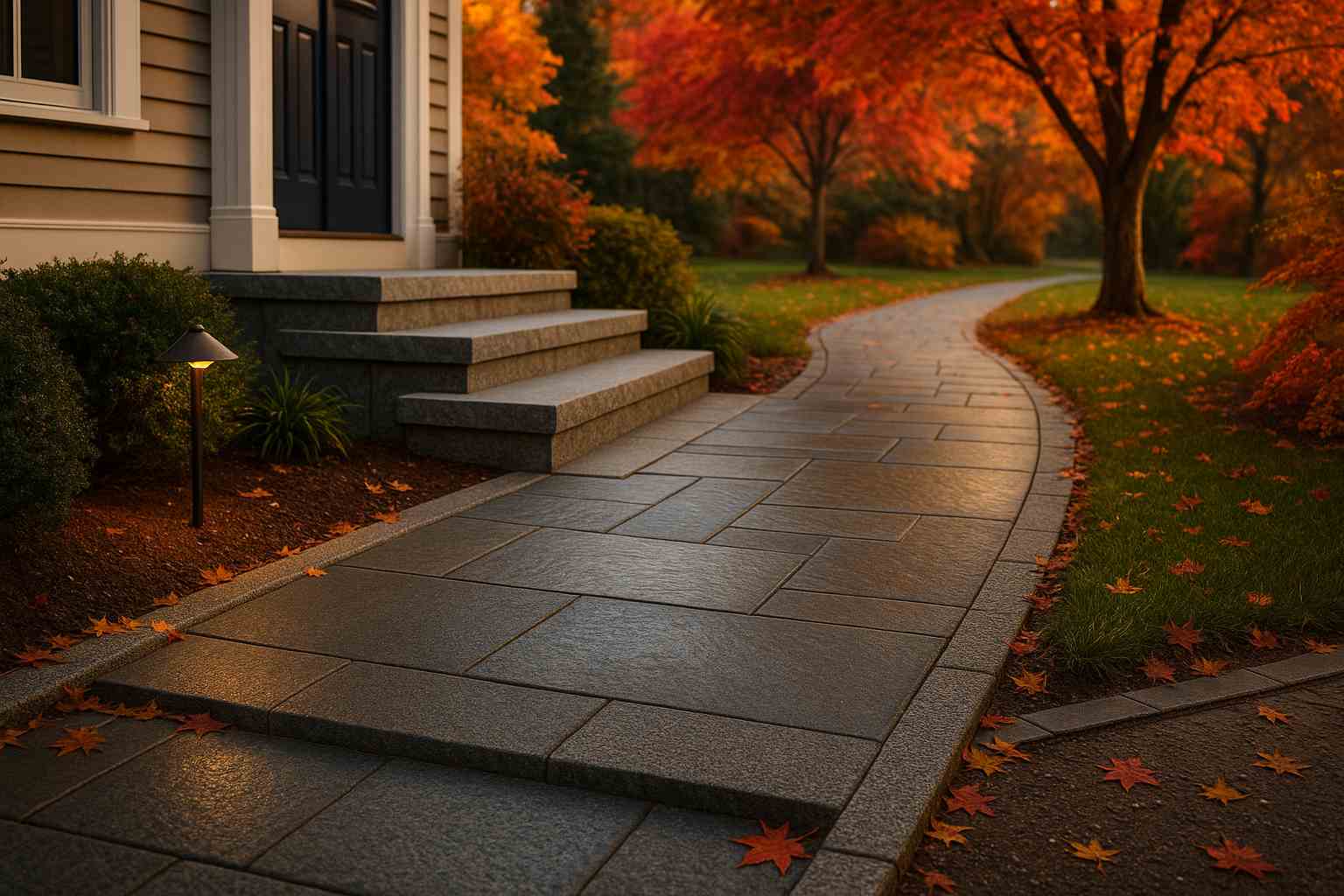 Slip-resistant granite steps for safe walkway installation in Massachusetts.