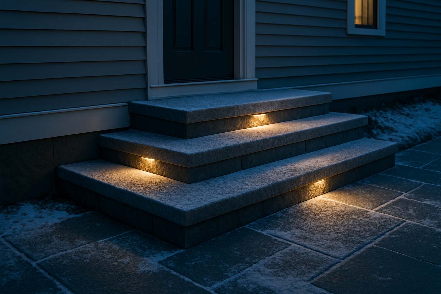 Slip-resistant granite and bluestone walkway in Massachusetts during winter.