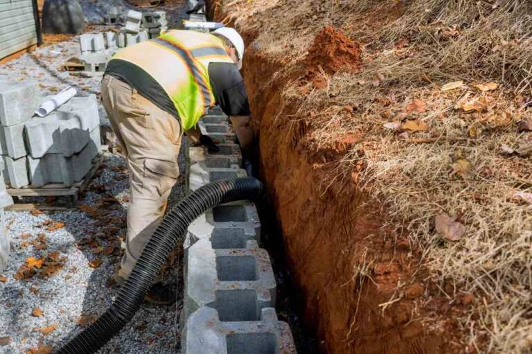 Residential yard dry well installed to capture and disperse stormwater in New England