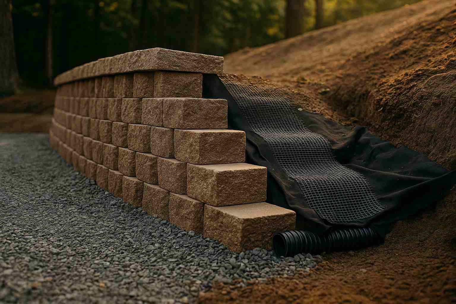 Engineered retaining wall with compacted base, rear drainage and geogrid reinforcement in Massachusetts