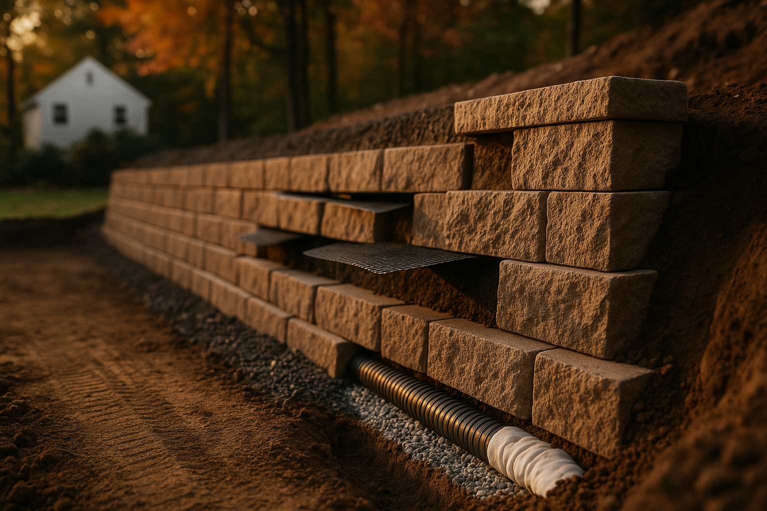 Engineered retaining wall with compacted base, drainage and geogrid reinforcement in Massachusetts
