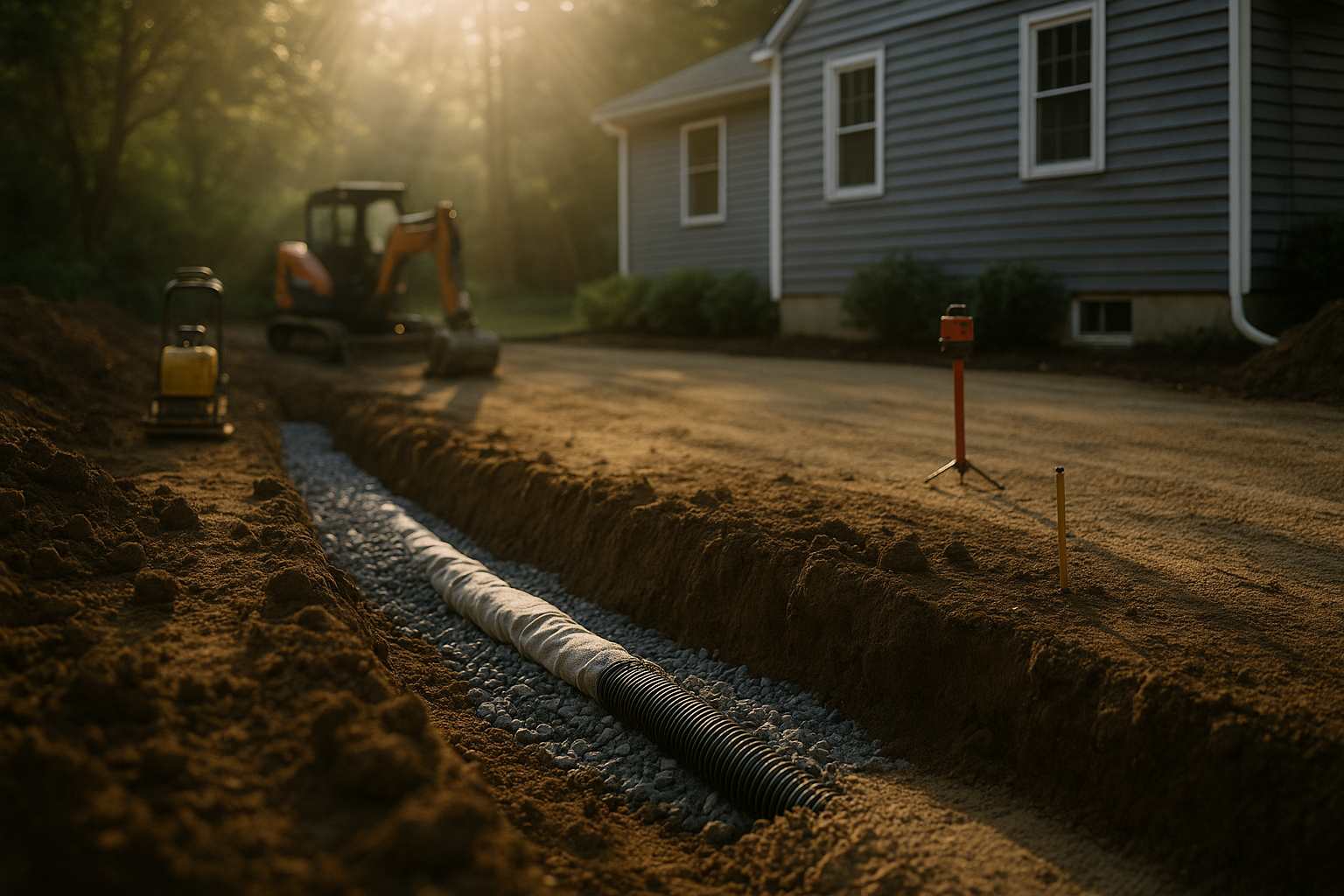 Excavation and site grading with French drain trench and geotextile for long-term drainage