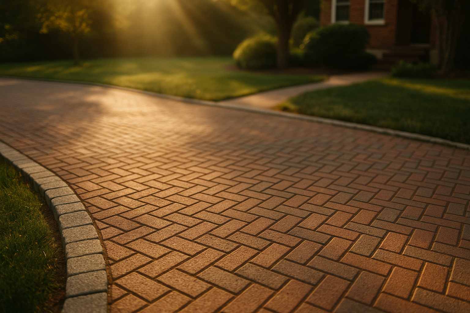 Herringbone paver driveway with heavy-duty base and edge restraints for load distribution