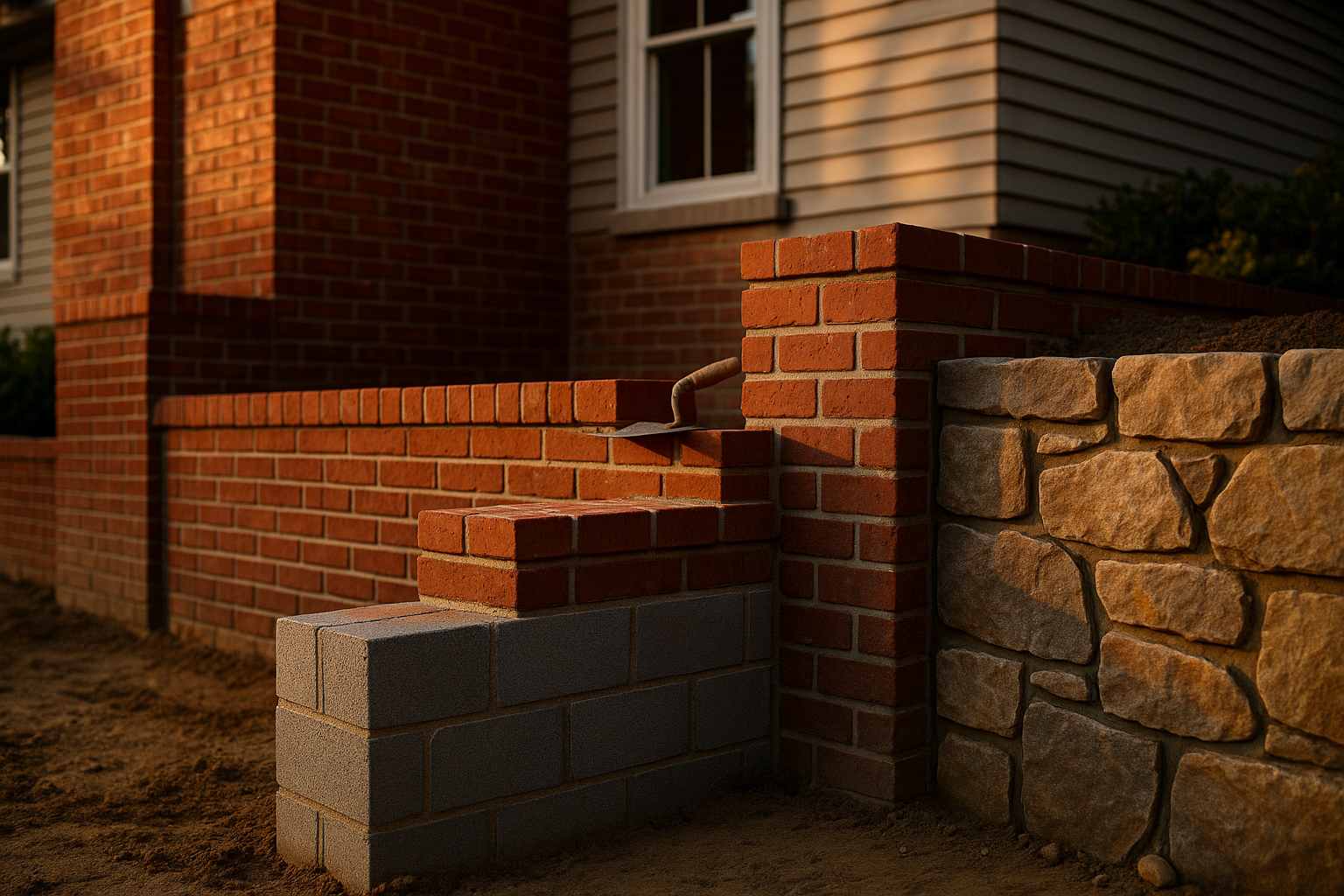 Brick and natural stone wall installation with clean lines and reinforced structure