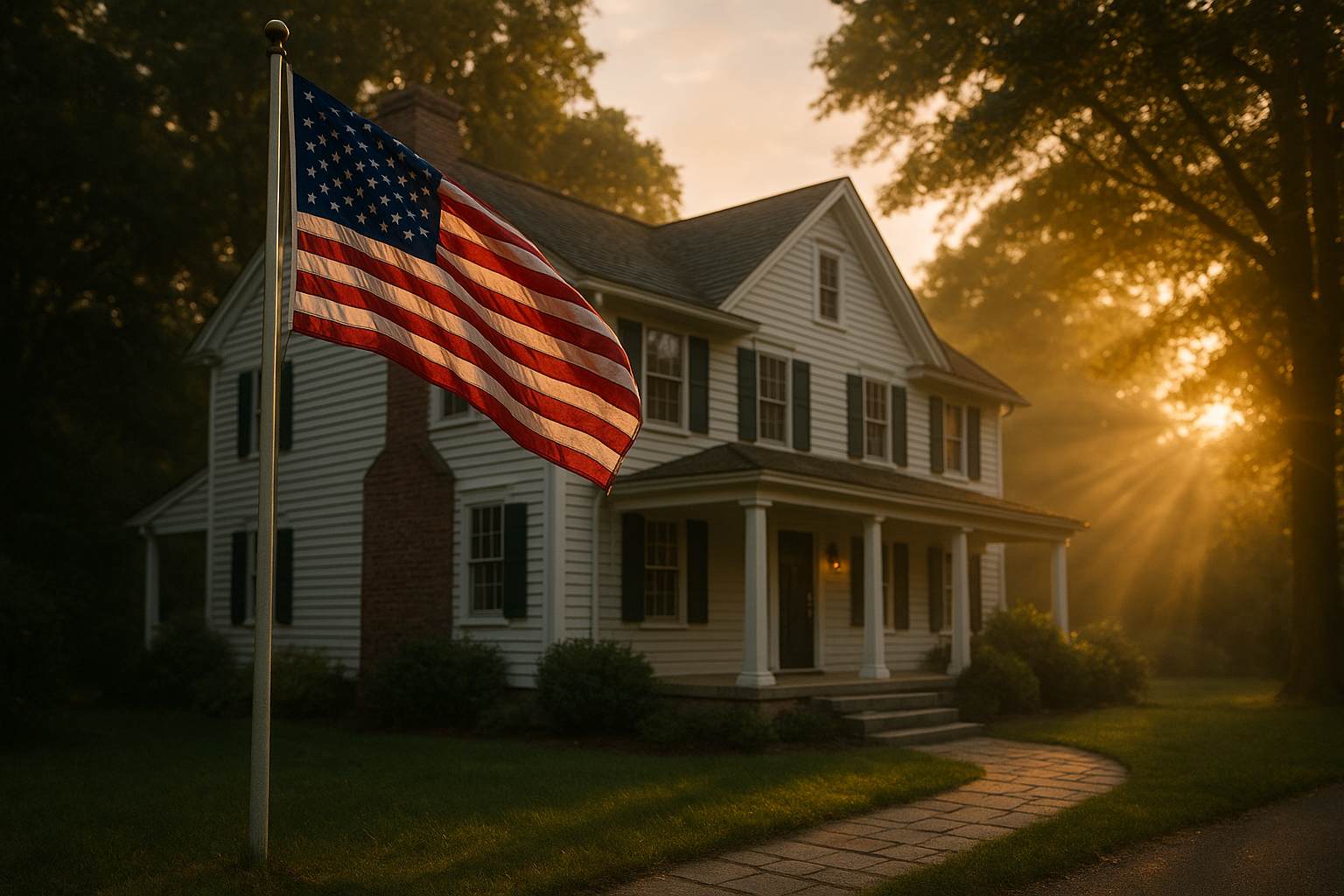 New England home with American flag - Blu Masonry Massachusetts hero