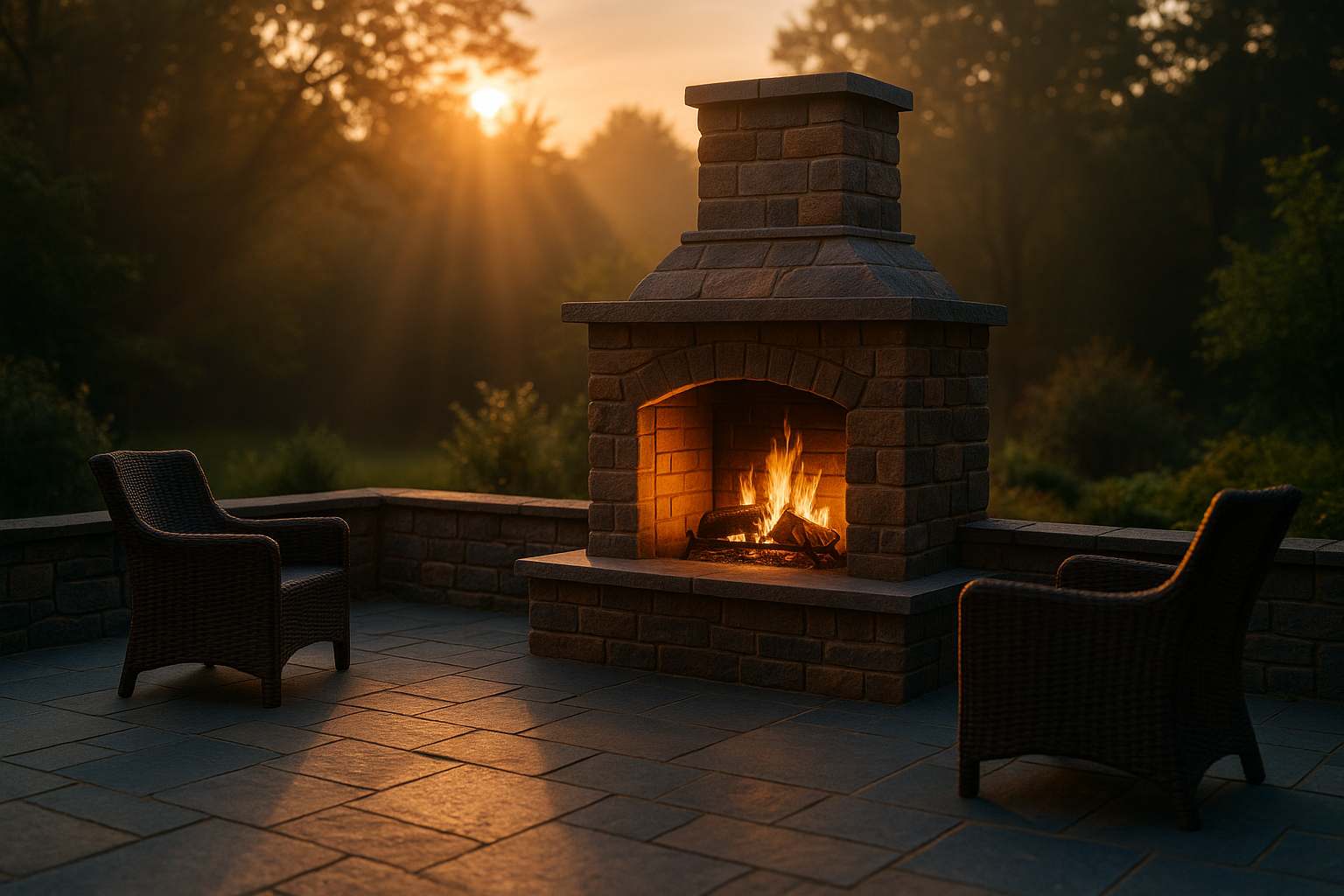 Outdoor masonry fireplace with refractory lining and safe clearances as per NFPA guidance
