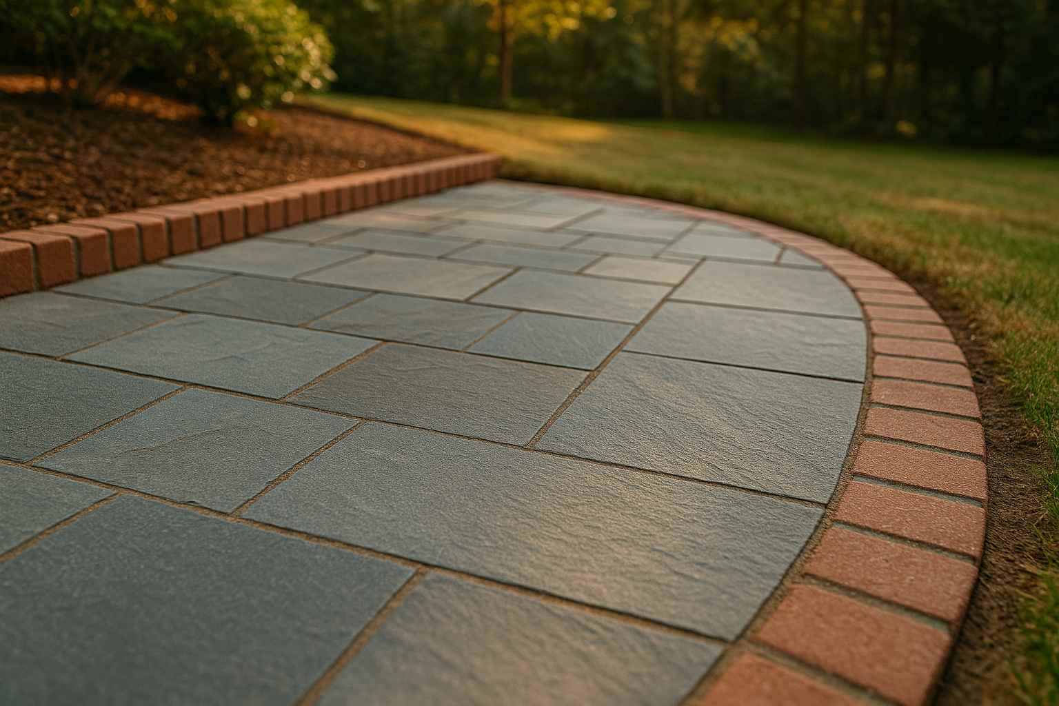 Stone walkway and front steps with slip-resistant finish and uniform risers