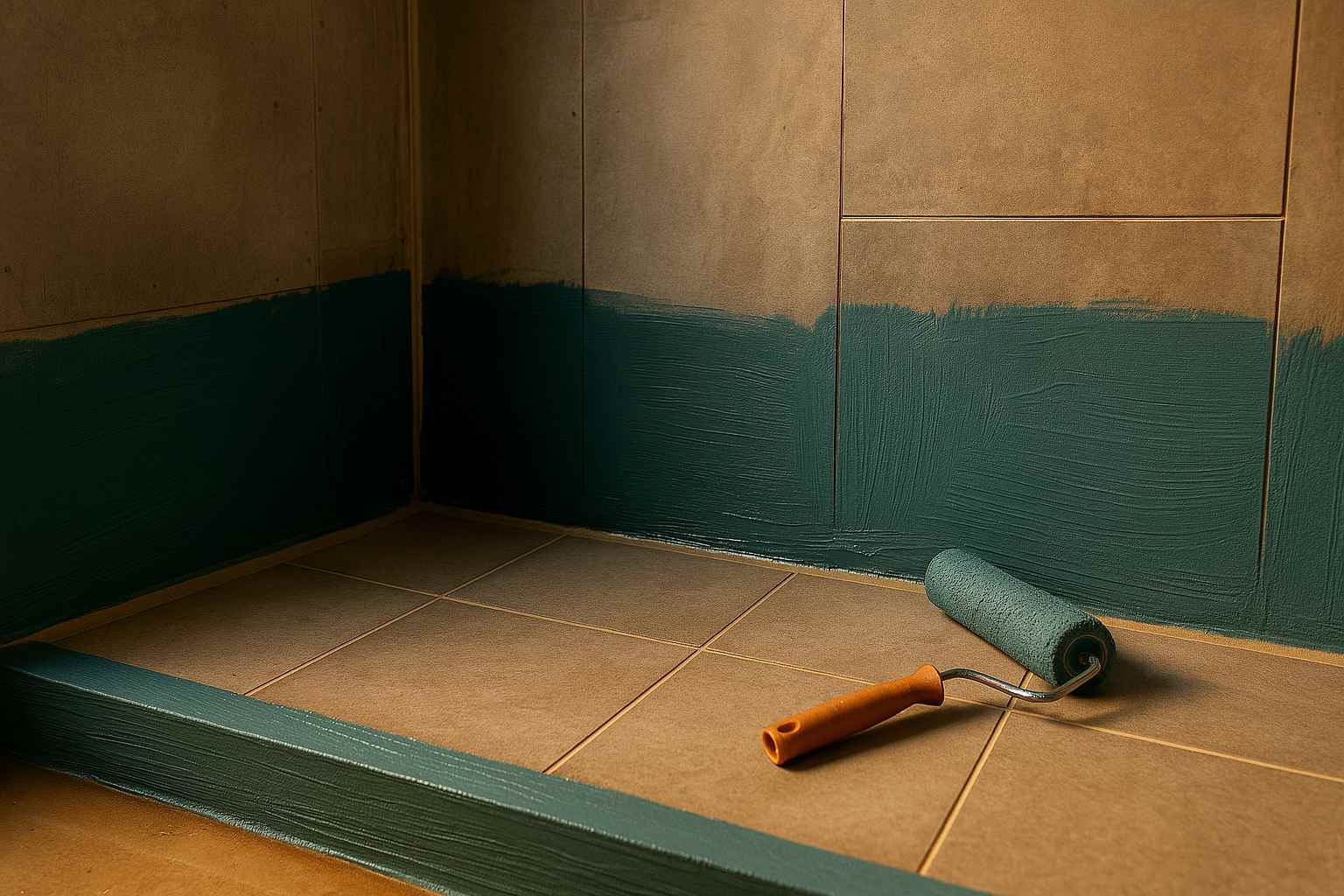 Shower walls with liquid membrane and epoxy grout