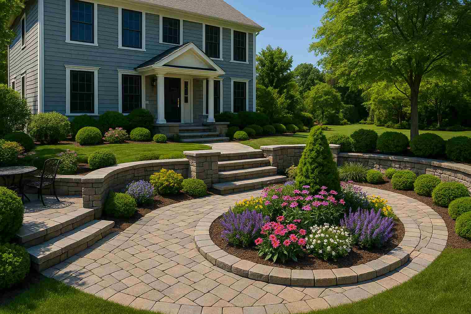 Custom landscape design with masonry steps and stone walls in Massachusetts