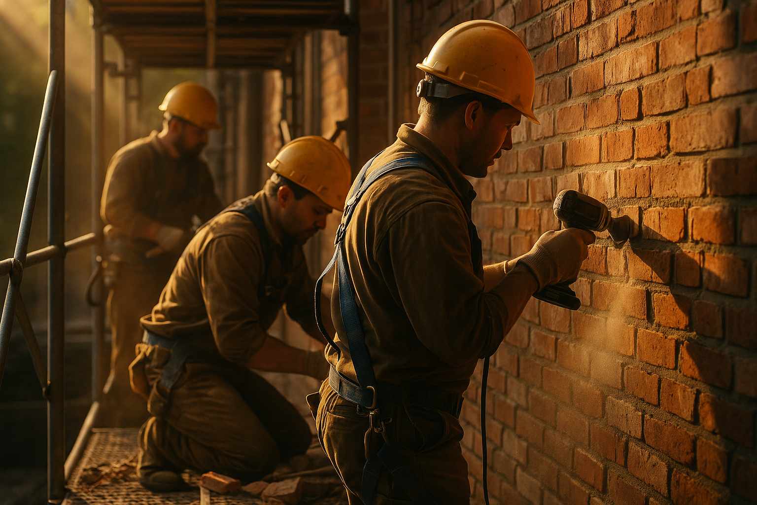 Three masons restoring historic brickwork on a Winchester, MA facade at dusk