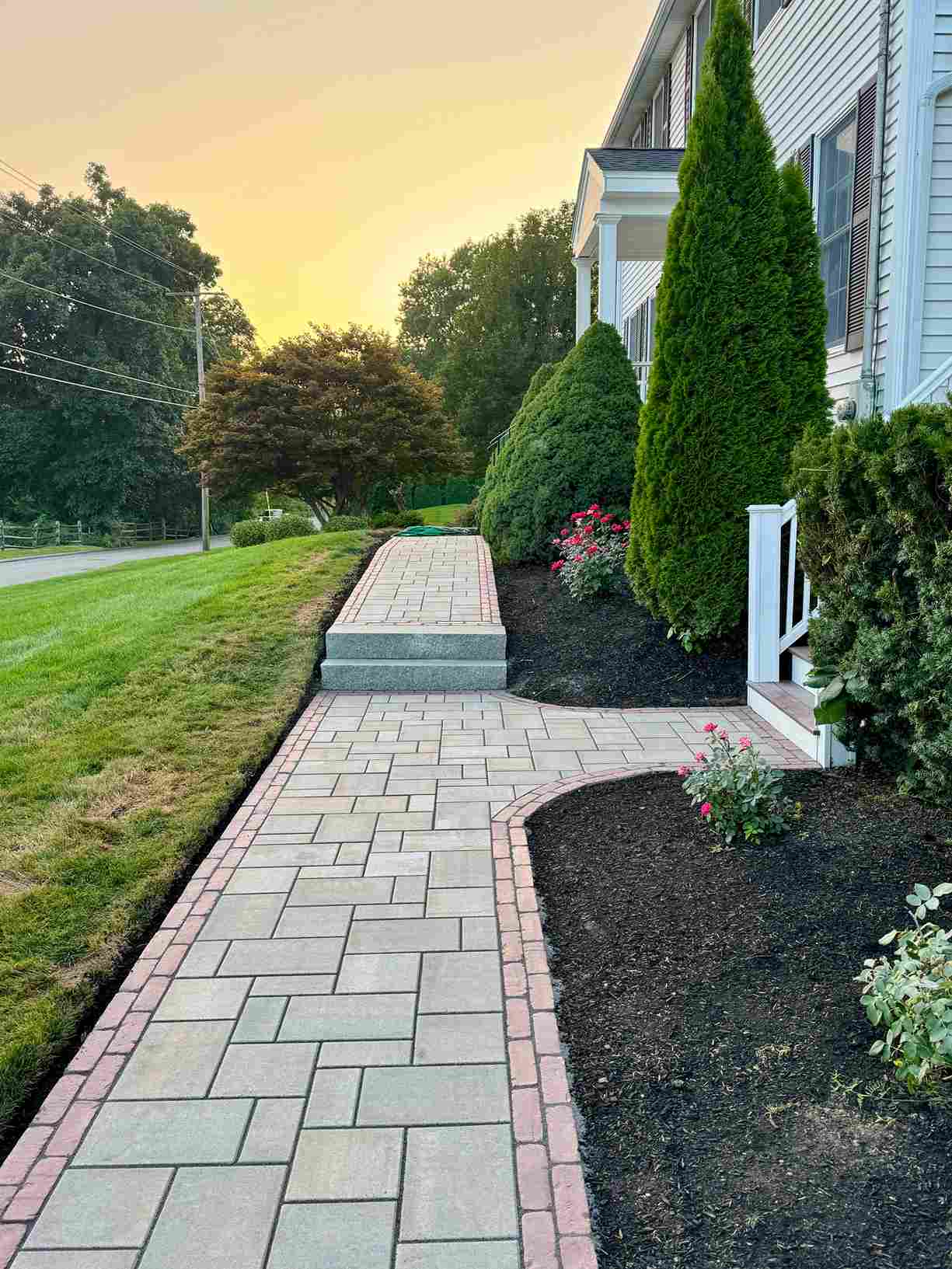 Front walkway paver installation and landscaping in Massachusetts